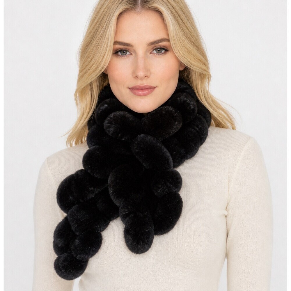 Belle Fare Hoya knitted rex rabbit ruffle scarf real fur